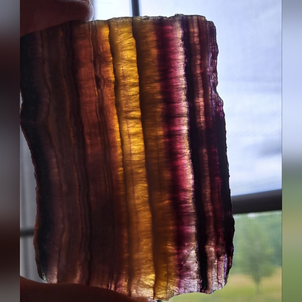 Yellow and purple flourite slab
